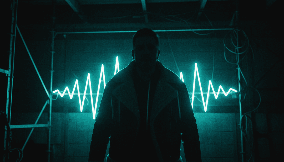 Immagini dinamiche che illustrano le build-up della canzone, con linee di sintetizzatore luminose che si trasformano in arte astratta e una figura che si erge in un vasto paesaggio riflettente.