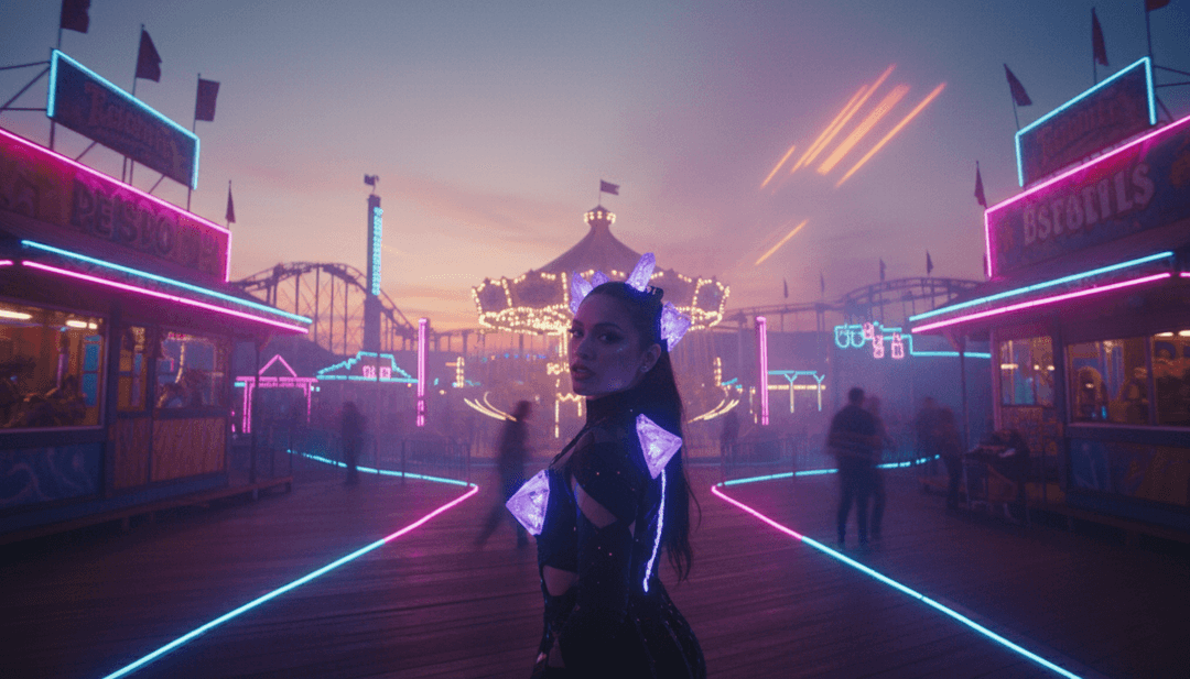 Escenas dinámicas de bailarines futuristas, paisajes urbanos de neón y naves espaciales volando a través de una fiesta cósmica, inspiradas en Starships