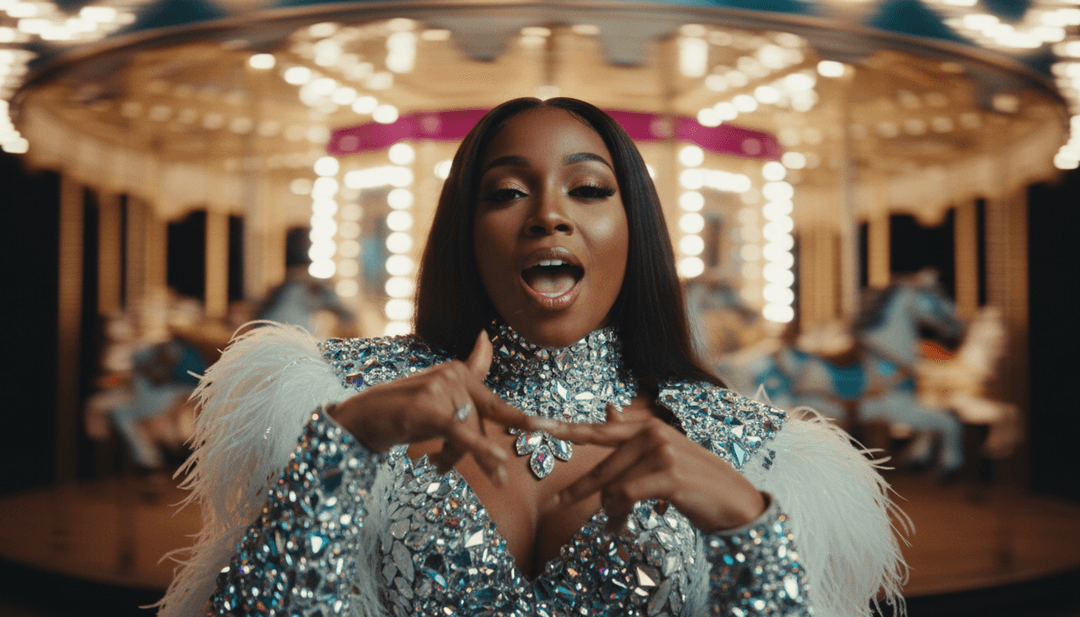 Un video musical de alta energía terminado para Starships reproduciéndose en una pantalla, con el logo de freebeat.ai en la esquina