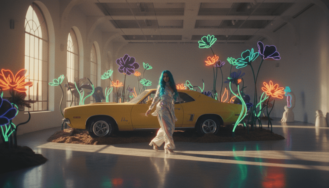 Un collage generado por IA que muestra varios estilos vibrantes de videos musicales, con un icono de botón de 'play', invitando a los usuarios a crear sus propios videos