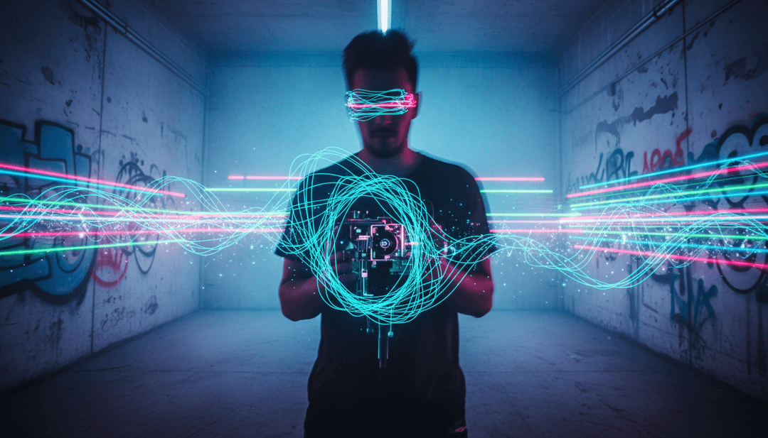 画面で'Latch'のAI生成された鮮やかなミュージックビデオを鑑賞している人物。freebeat.aiのロゴが隅に控えめに表示され、創造的なエンパワーメントを象徴している。