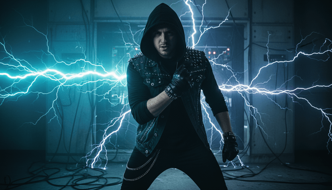 Dynamische Szenen, die eine Stadtlandschaft, eine rebellische Figur und abstrakte Energielinien darstellen, erstellt von einem KI-Musikcover-Generator für 'Rumors'.