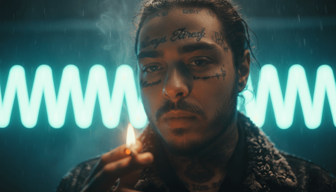 AI 為 "Better Now" 生成的動態視覺場景，展示一個孤獨的身影在夜晚的城市街道中行走，穿插著充滿活力的派對回憶片段，所有這些都由 MP3 音頻軌道驅動。