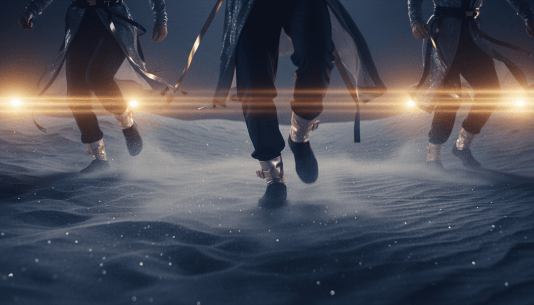 AI-जनित दृश्य जिसमें एक जीवंत, रेट्रो-भविष्यवादी सेटिंग में सिंक्रनाइज़ नर्तक, 'Classic' के बीट ड्रॉप्स पर प्रतिक्रिया दे रहे हैं।