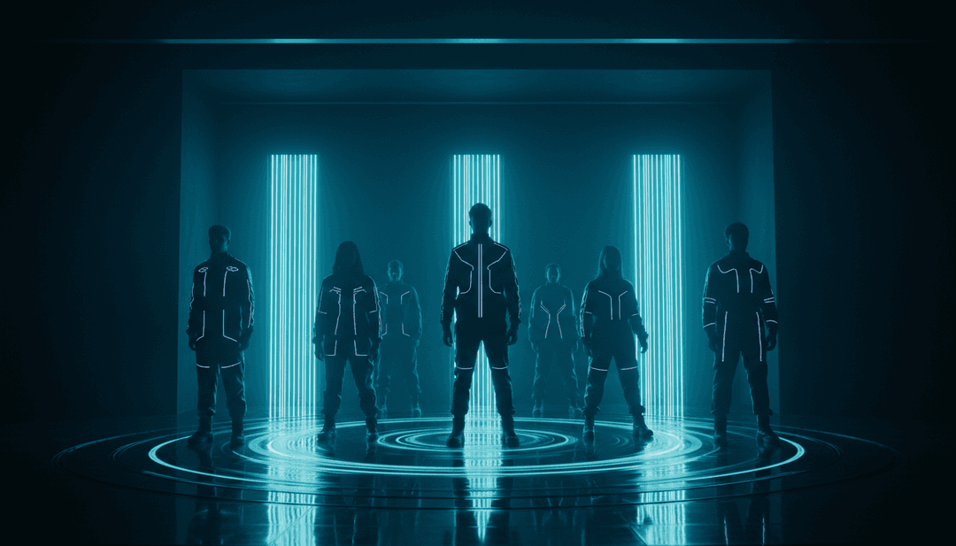 AI生成的抽象艺术，可视化Tiësto和Tears For Fears的“Rule The World (Everybody)”的电子节拍和新浪潮合成器模式，以未来城市景观为背景。