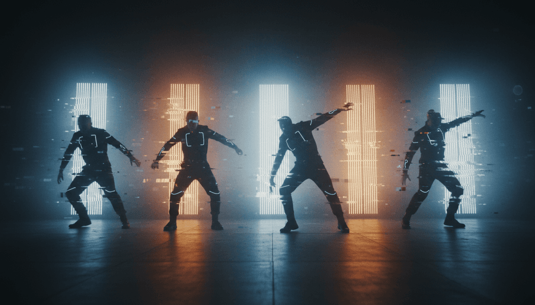 动态视觉效果描绘了同步舞蹈、数字特效和多元人群，所有这些都由AI根据“Rule The World (Everybody)”的节奏和情绪生成。