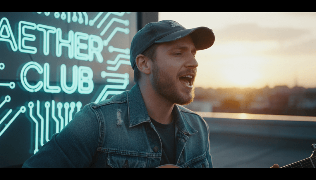 Cena gerada por IA de uma pessoa correndo por um campo de trigo em direção a um horizonte brilhante, sincronizada com a progressão e o 'drop' de 'Wake Me Up' de Avicii.