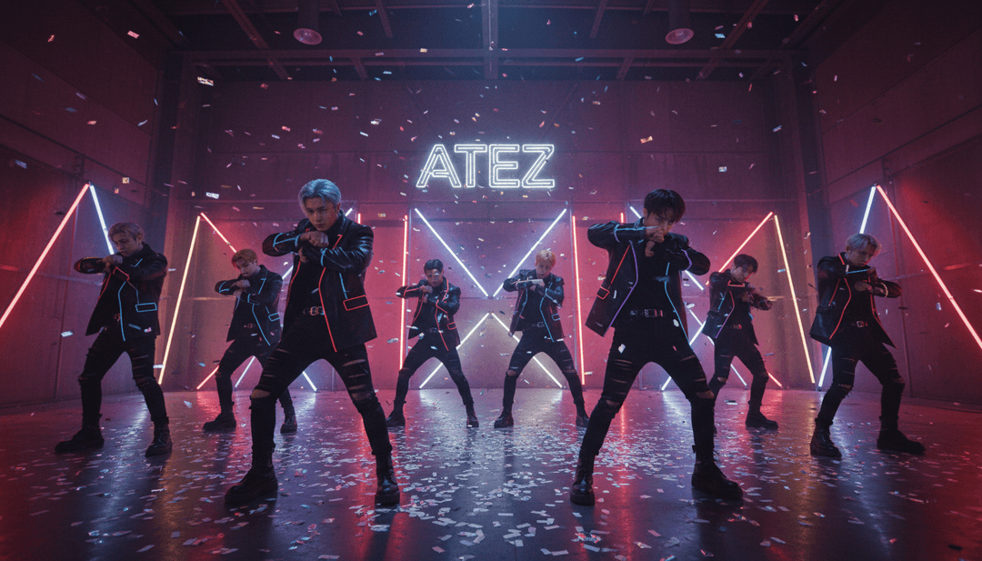 用户与 freebeat.ai 界面交互，为 ATEEZ 制作自定义音乐视频，提供多种视觉风格和免费字幕选项。
