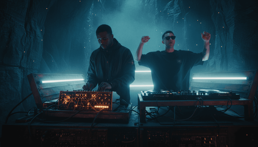 一段生动的蒙太奇，展示快速的视觉过渡、剪影舞者和与科技浩室节拍同步的脉冲光效。