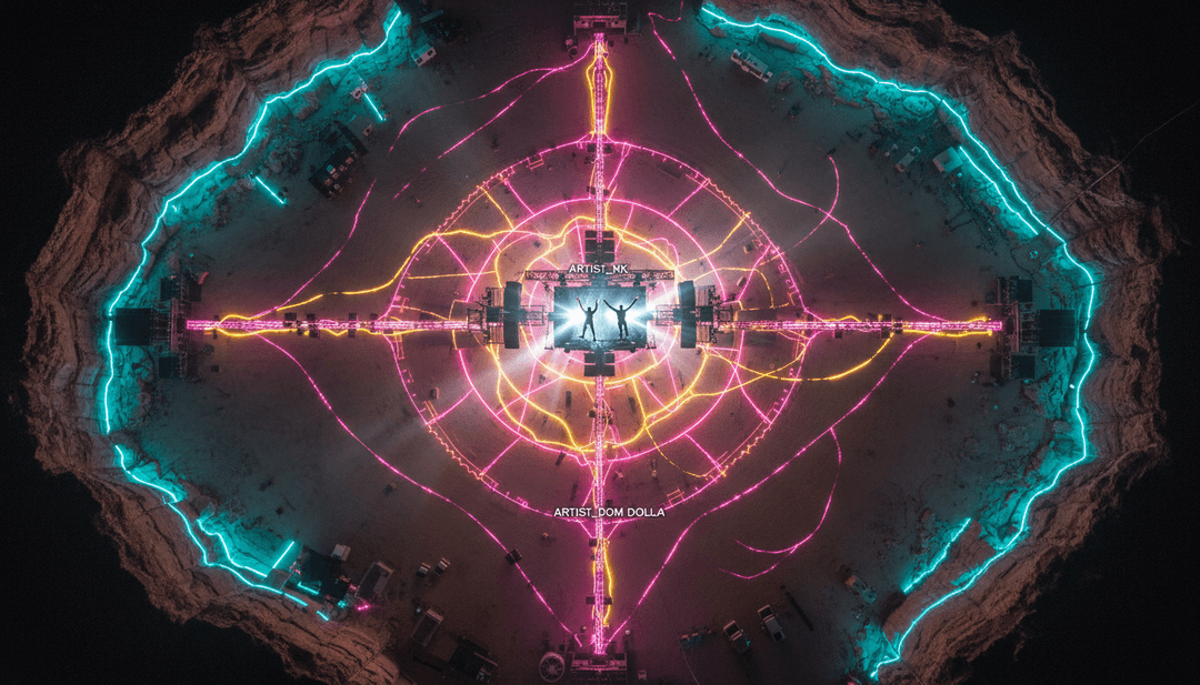 AI生成的音乐视频的迷人终极场景，描绘了一个充满活力、动感的俱乐部环境，并巧妙融入了歌曲标题“Rhyme Dust”。