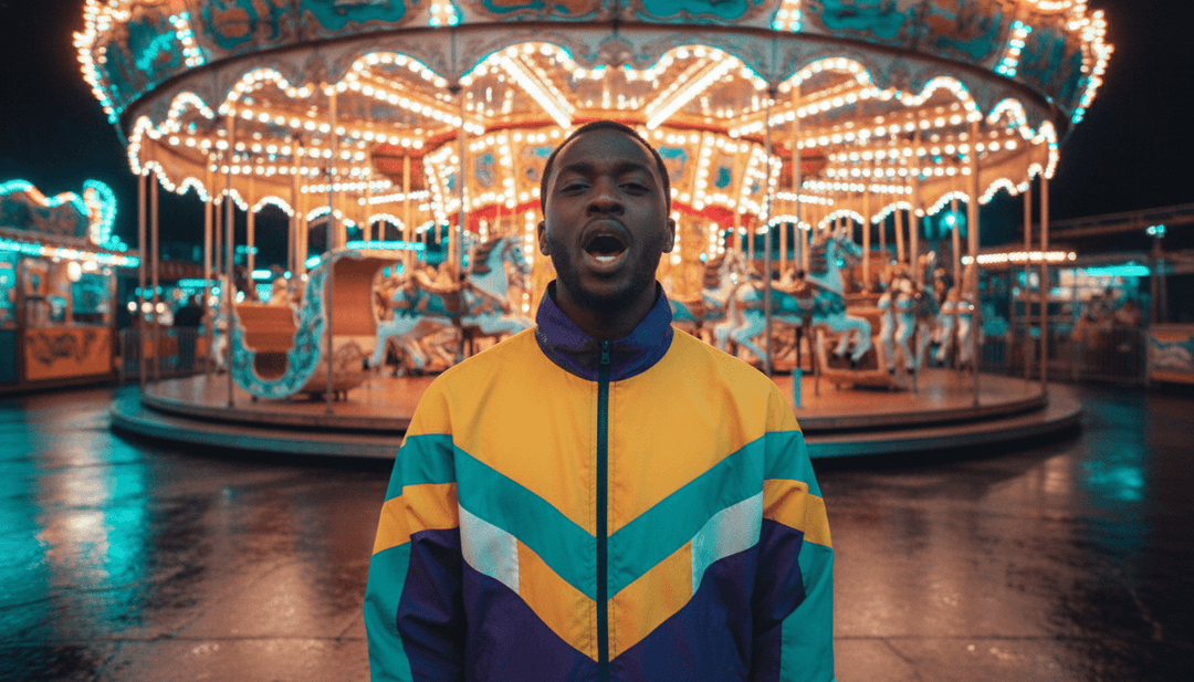 Escena de fiesta vibrante con bailarines y luces intermitentes, superpuesta con elementos conceptuales de la interfaz de freebeat.ai.