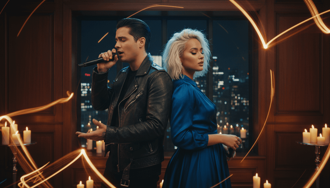 Eine Collage lebendiger, vielfältiger, von KI generierter Musikvideoszenen, mit einer Hand, die nach einem leuchtenden 'Erstellen'-Button greift, was Benutzerermächtigung und kreatives Potenzial symbolisiert.