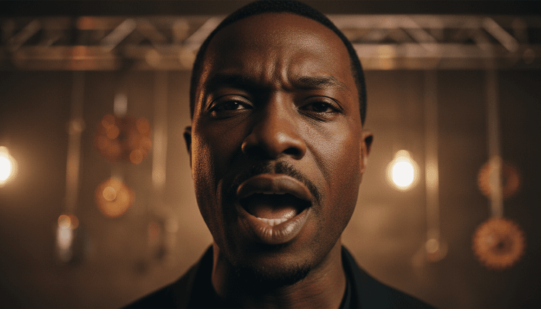 Uma montagem de cenas de dança vibrantes, imagens de festa de rua e close-ups de um microfone, simbolizando a tradução do som para o visual pela IA.