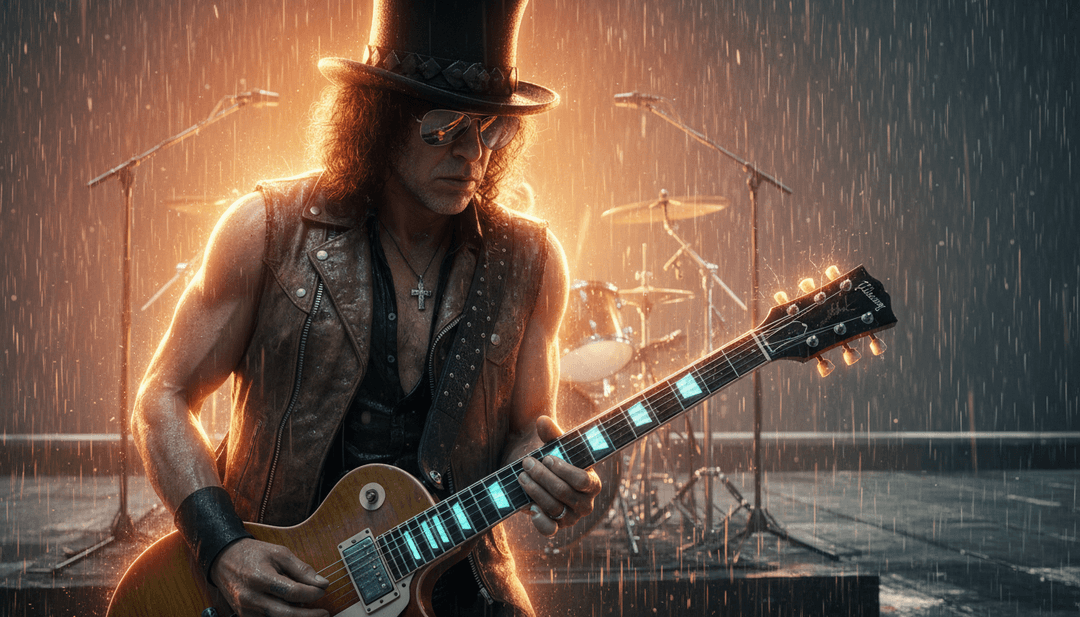充满活力、动态的动画描绘吉他独奏的能量，带有电流和玫瑰图案，映射 'Sweet Child O' Mine' 的力量。