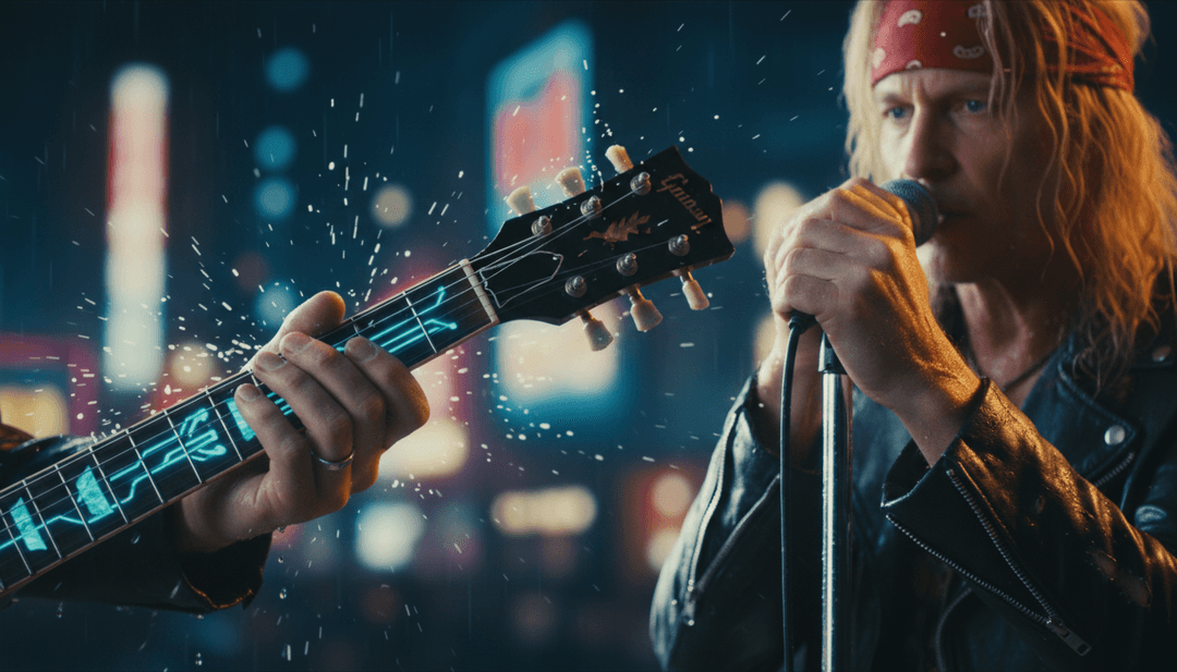 一段完成的音乐视频的合成图像，展示了充满活力的摇滚乐队表演与超现实、富有表现力的风景相结合，可供分享。