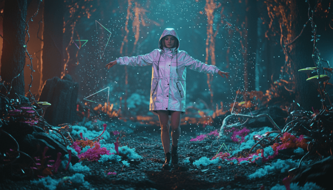 AI 詮釋 Billie Eilish 的「bad guy」黑暗、神秘氛圍，帶有陰影人物和霓虹輪廓。