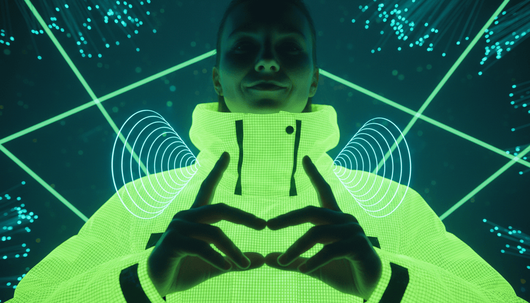 AI 生成的生動視覺效果，描繪一個在昏暗房間裡的人影，帶有與「bad guy」低音驟降同步的閃光效果。