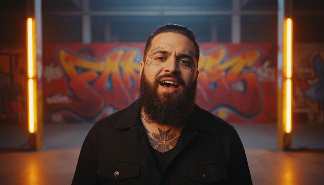 Escenas dinámicas de videos musicales generadas por IA, con un cantante principal bajo los focos, paisajes urbanos dramáticos y patrones de luz abstractos, sincronizados con las potentes vocales de Teddy Swims.