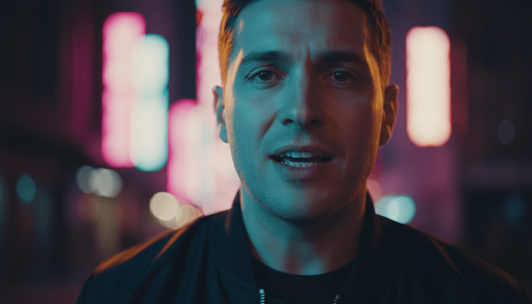 Visualizador hipnótico gerado por IA, representando trilhas de luz fluidas e dançarinos silhuetados movendo-se ao ritmo disco de 'Feel So Close - Radio Edit'.