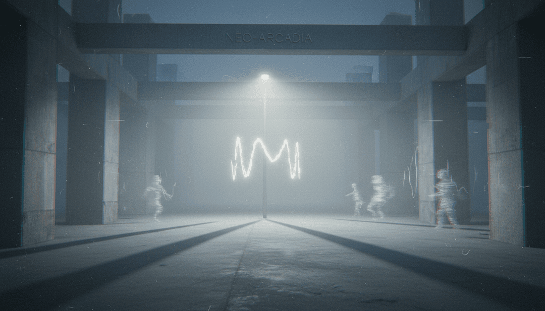 Arte conceptual que muestra figuras estilizadas que recuerdan a jóvenes bailando entre ondas abstractas de sintetizador y una puesta de sol brillante, representando la interpretación inicial de 'Kids' de MGMT.