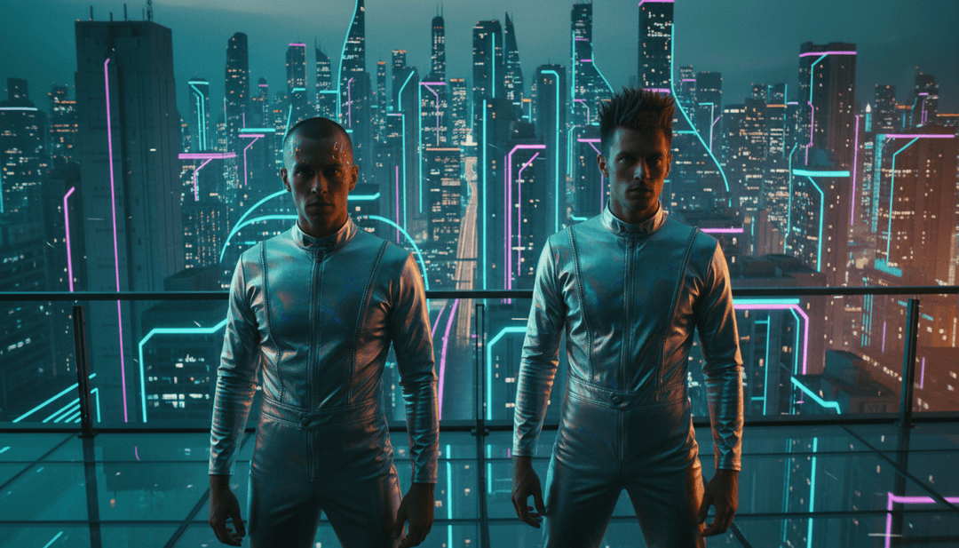 Una secuencia dinámica de visuales generados por IA, con paisajes urbanos cambiantes, escenas de arcade retro e imágenes vibrantes de parques infantiles, sincronizados con los ritmos de sintetizador de 'Kids'.