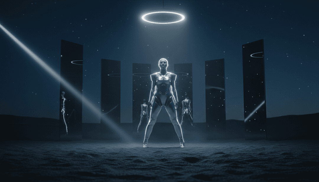 Une interprétation IA du chagrin d'amour sur une scène synth-pop scintillante, capturant l'essence de Taylor Swift.