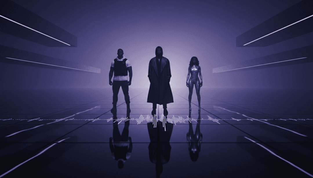 複雜聲波與歌詞模式轉化為連貫數位景觀的抽象視覺呈現，反映 AI 對 'Surround Sound' 的理解。