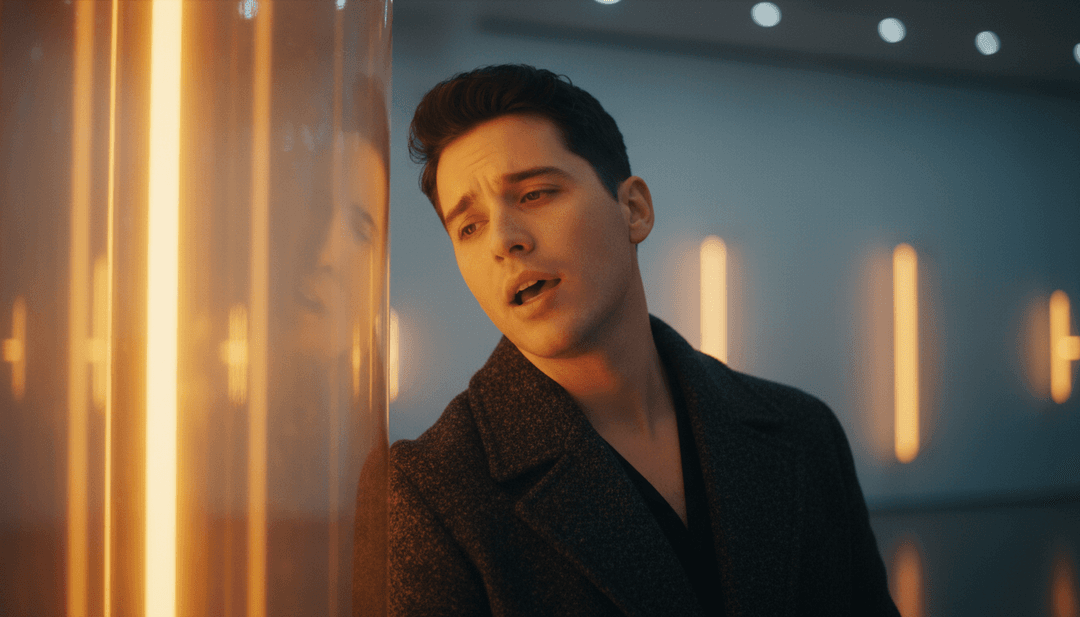 Abstrakte visuelle Darstellung von Schallwellen, die sich in ruhige, traumähnliche Landschaften verwandeln und den emotionalen Bogen von 'I GUESS I'M IN LOVE' widerspiegeln.