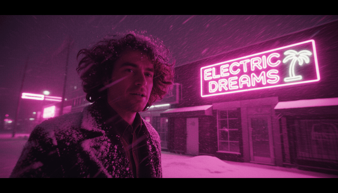 《Little Dark Age》的最终精美音乐视频画面，展示高质量视觉效果，并叠加“播放”按钮，鼓励用户互动。