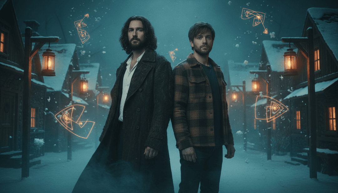 对 'Northern Attitude' 音乐的动态视觉诠释，融合民谣摇滚乐器与自然场景和情感深度，由 AI 生成。