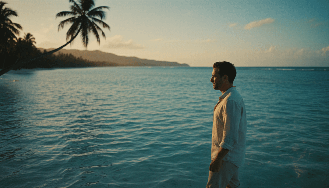 Progression visuelle montrant un accord de guitare mélancolique de 'Let Me Down Slowly' se transformant en un visuel scintillant de feuilles tombantes, tandis qu'une ligne vocale inspire le regard contemplatif d'un personnage au loin, rendu par l'IA.