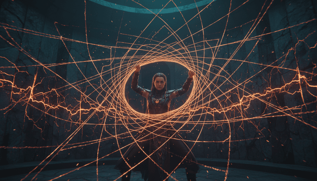 数字画布因受Florence + The Machine的'Sympathy Magic'启发的视觉效果而生动起来，描绘了飘逸的织物、月光下的场景以及一个孤独的身影在超现实景观中舞动。