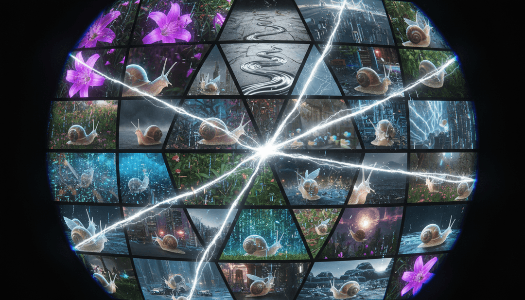 Ein geteilter Bildschirm, der den ursprünglichen Thundercat-Songtitel neben einem lebendigen, KI-generierten Musikvideoclip zeigt, der Transformation und kreatives Potenzial symbolisiert.