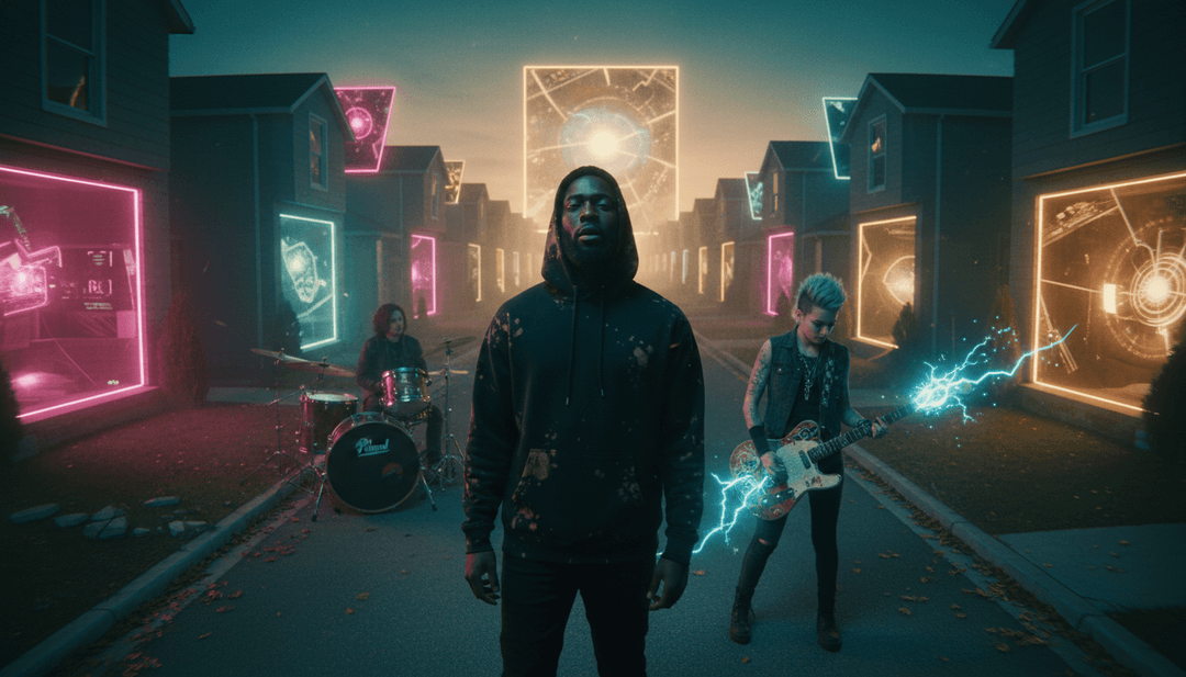 Cenas dinâmicas de libertação, cortes urbanos rápidos e performance energética da banda gerados por IA com base na estrutura e ritmo da canção punk rock.