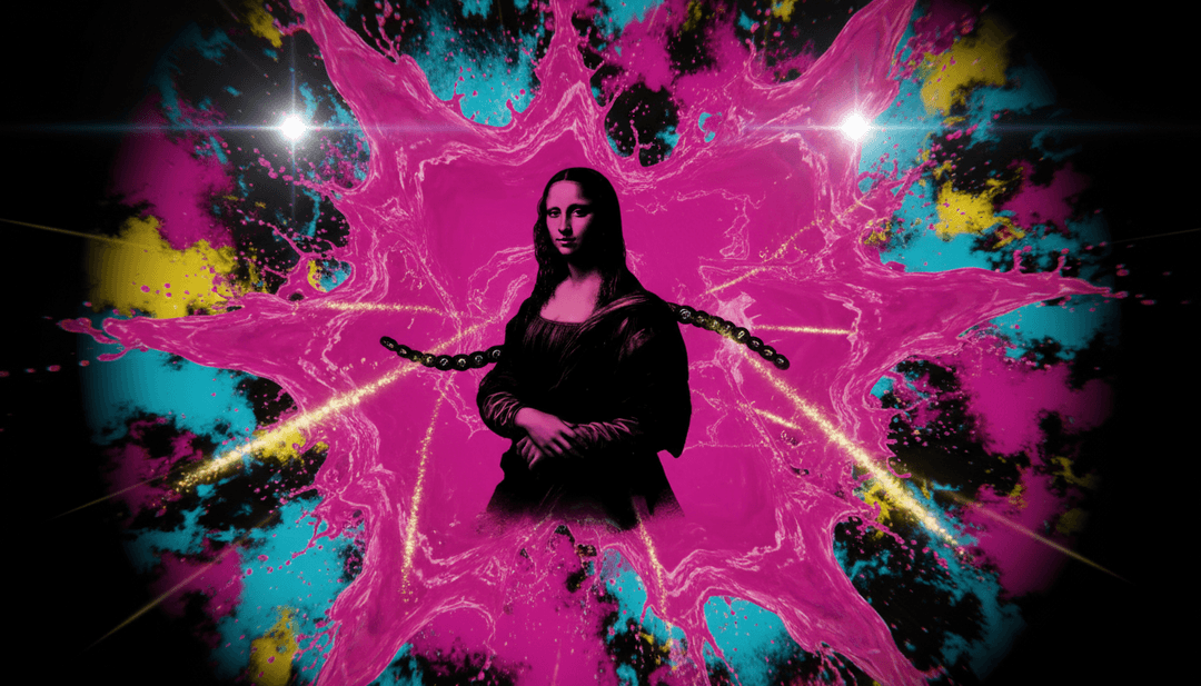 Visuels dynamiques générés par l'IA, représentant des ondes sonores se transformant en paysages surréalistes et en animations de personnages, parfaitement synchronisés avec 'monalisa, we miss you//' de KennyHoopla.