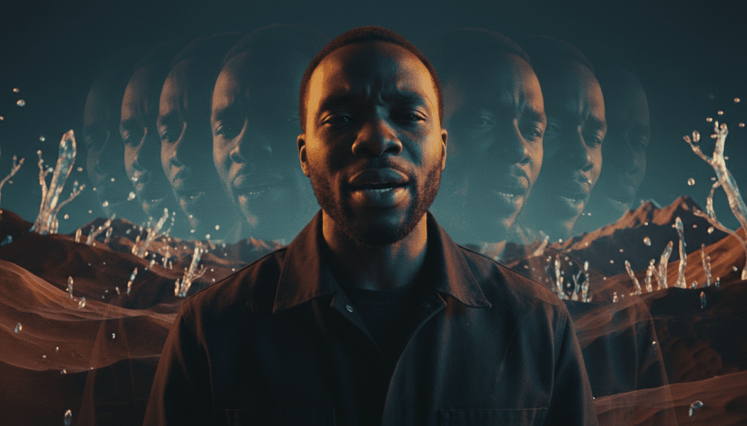 Visuais dinâmicos gerados por IA, mostrando um solo de guitarra de 'Believe' transformando-se em uma tomada aérea panorâmica de drone sobre uma estrada rural.