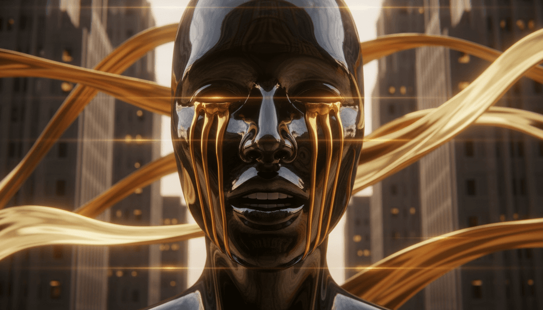 Paisagem digital com rastros de luz brilhantes seguindo um padrão de onda musical.