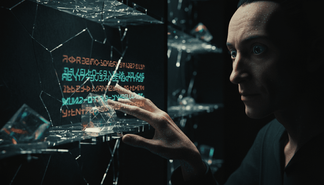 音波が幾何学模様と光の軌跡に変形する視覚表現で、音楽の視覚化を描写。