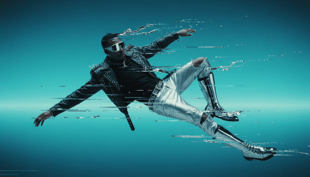 Steve Lacyの「Nice Shoes」のためにAIが生成したミュージックビデオシーン、ローファイな都市景観とシュールなキャラクターの交流が特徴。