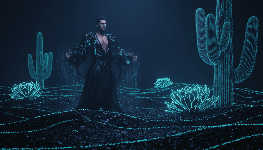 "Jenna Ortega"의 전자적인 박자에 맞춰 신스웨이브 풍경 속을 춤추는 세련된 AI 생성 캐릭터의 역동적인 비주얼.