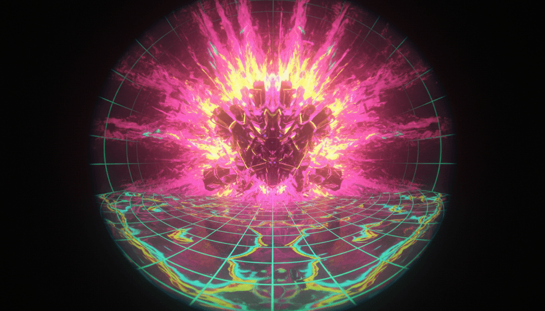 Representação visual de batidas downtempo e texturas ambientais sendo traduzidas em imagens abstratas e cinematográficas de Halloween.