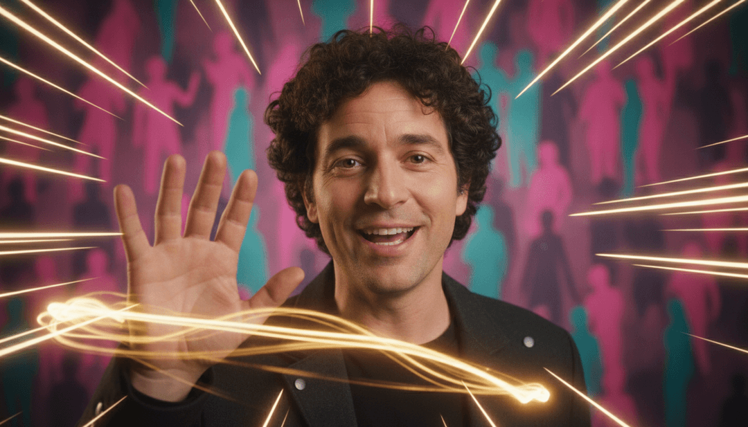 屏幕上展示着为 'Happen To Me' 完成的 AI 生成音乐视频，其中有 Russell Dickerson 和 Jonas Brothers，前景是用户友好的界面。