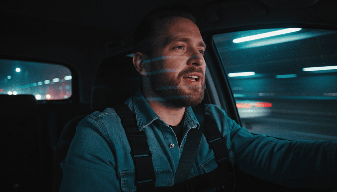 Escenas dinámicas de carretera con paisajes fluidos, reflejando el ritmo y las letras de '65 On The Interstate', superpuestas con efectos digitales y visualizaciones musicales.