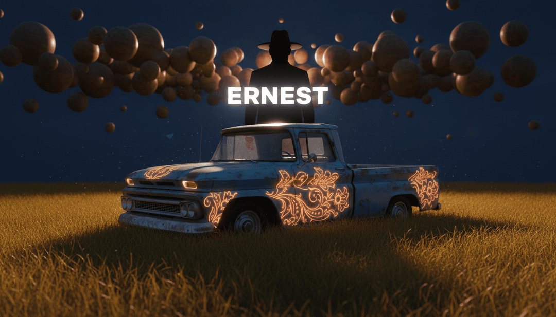 Représentation visuelle de l'IA transformant les mélodies et paroles country de ERNEST 'Blessed' en scènes de paysages ruraux, de moments familiaux et de gratitude sincère.