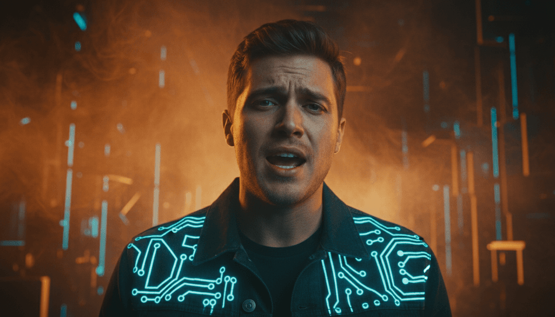 AI가 음악적 단서로부터 생성한, 탁 트인 시골길, 캠프파이어, 강인한 인물의 장면을 담은 "fireproof"의 시각적 번역.