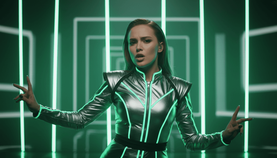 Figuras animadas bailando en un club futurista, sincronizadas con el ritmo de la música "ego of a man" de Mikayla Geier