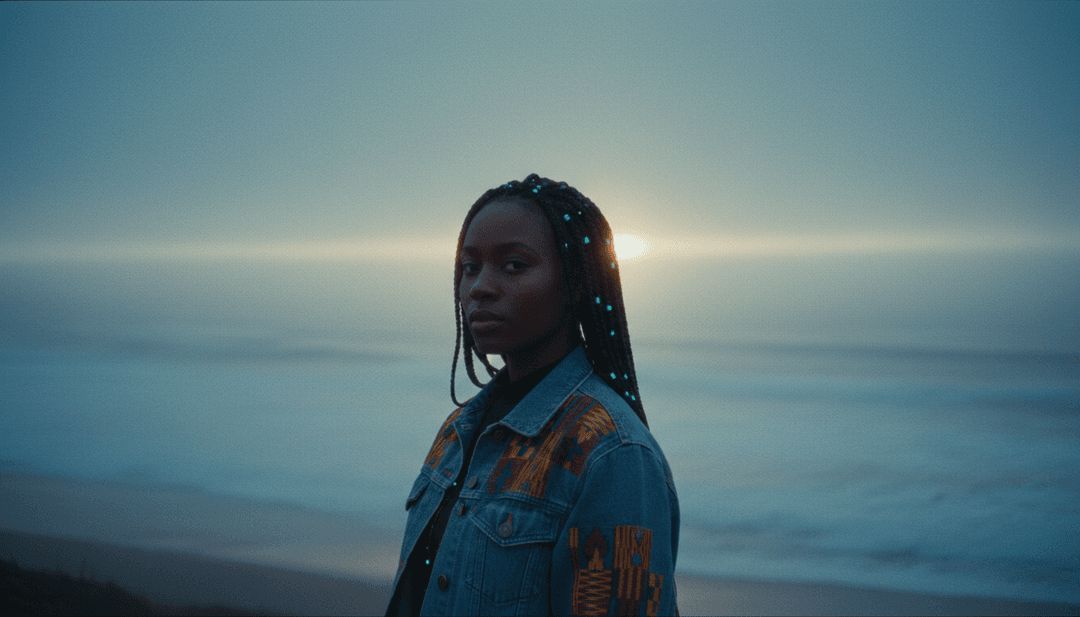 Image conceptuelle d'un système IA analysant la forme d'onde et les paroles de 'what's good' d'Oklou, extrayant les données émotionnelles et les vibrations indie pop.