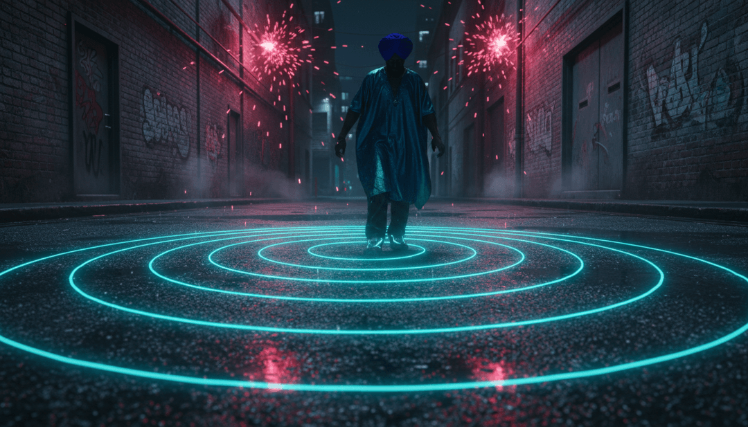 Konzeptionelle Kunst, die die lebhaften Rhythmen und gefühlvollen Texte von Obongjayars 'Give Me More' visualisiert, von einer KI für ein Musikvideo interpretiert.