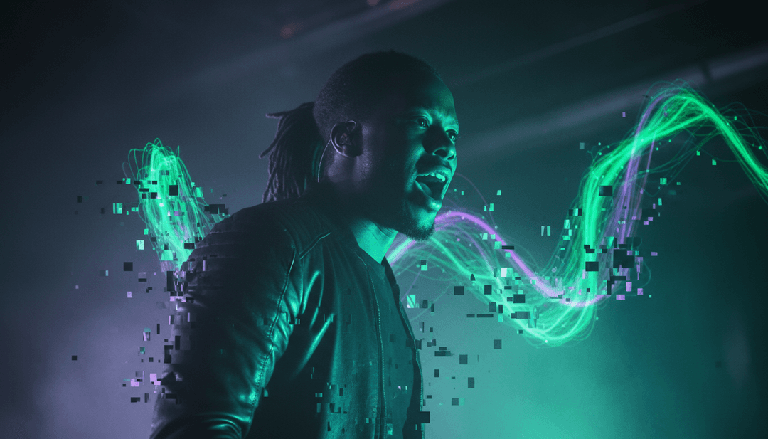 Shad의 'Slanted'를 위해 AI가 동적으로 생성한 거친 도시 풍경과 사려 깊은 추상적 이미지의 몽타주.