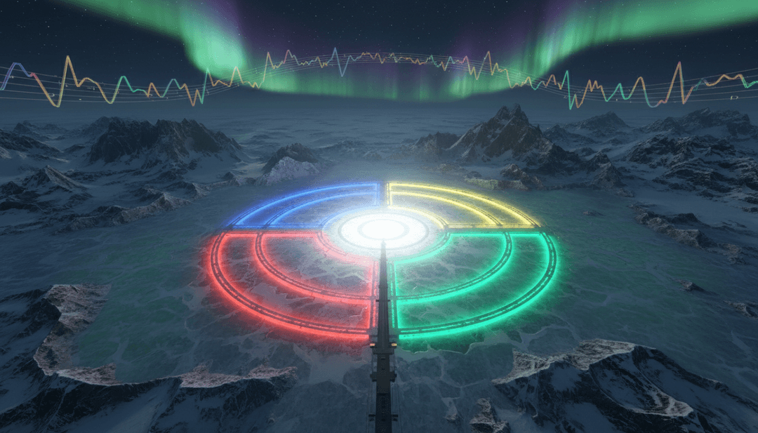 Visuais dinâmicos de paisagem urbana sincronizados com a batida funk de Cookin' On 3 Burners', exibindo contornos brilhantes de músicos e dançarinos, refletindo a energia da música.